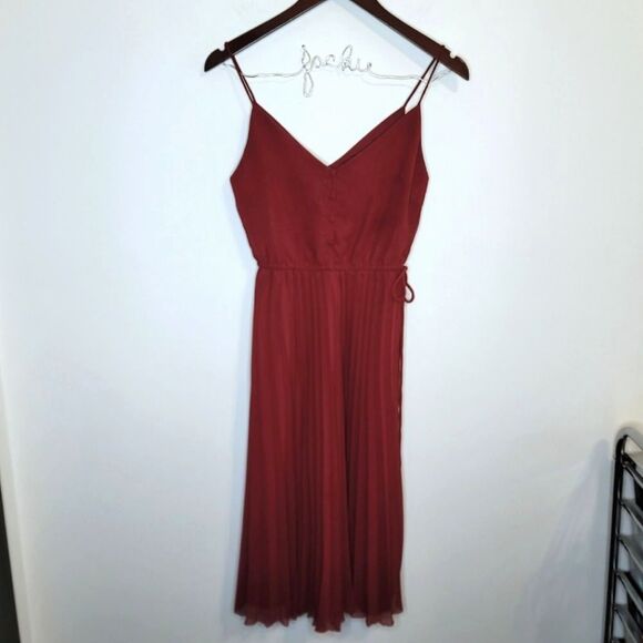 Asos Design Oxblood Red Pleated Cami Midi Dress Drawstring Waist Size 0 - Picture 1 of 10